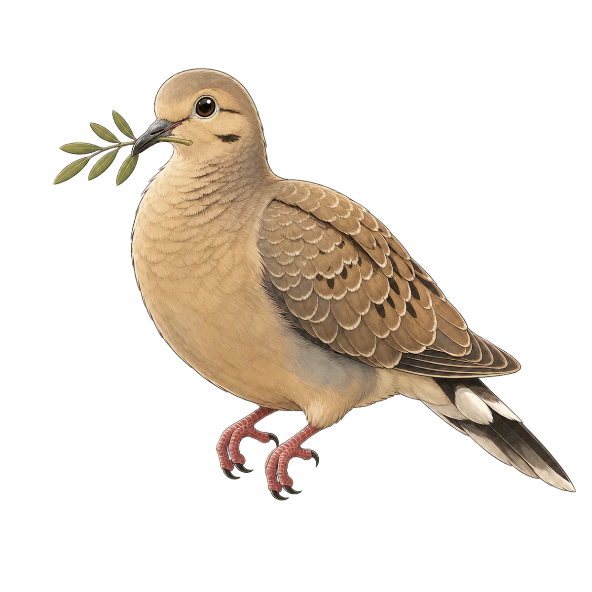 Shara the dove, perched with an olive branch in her feet